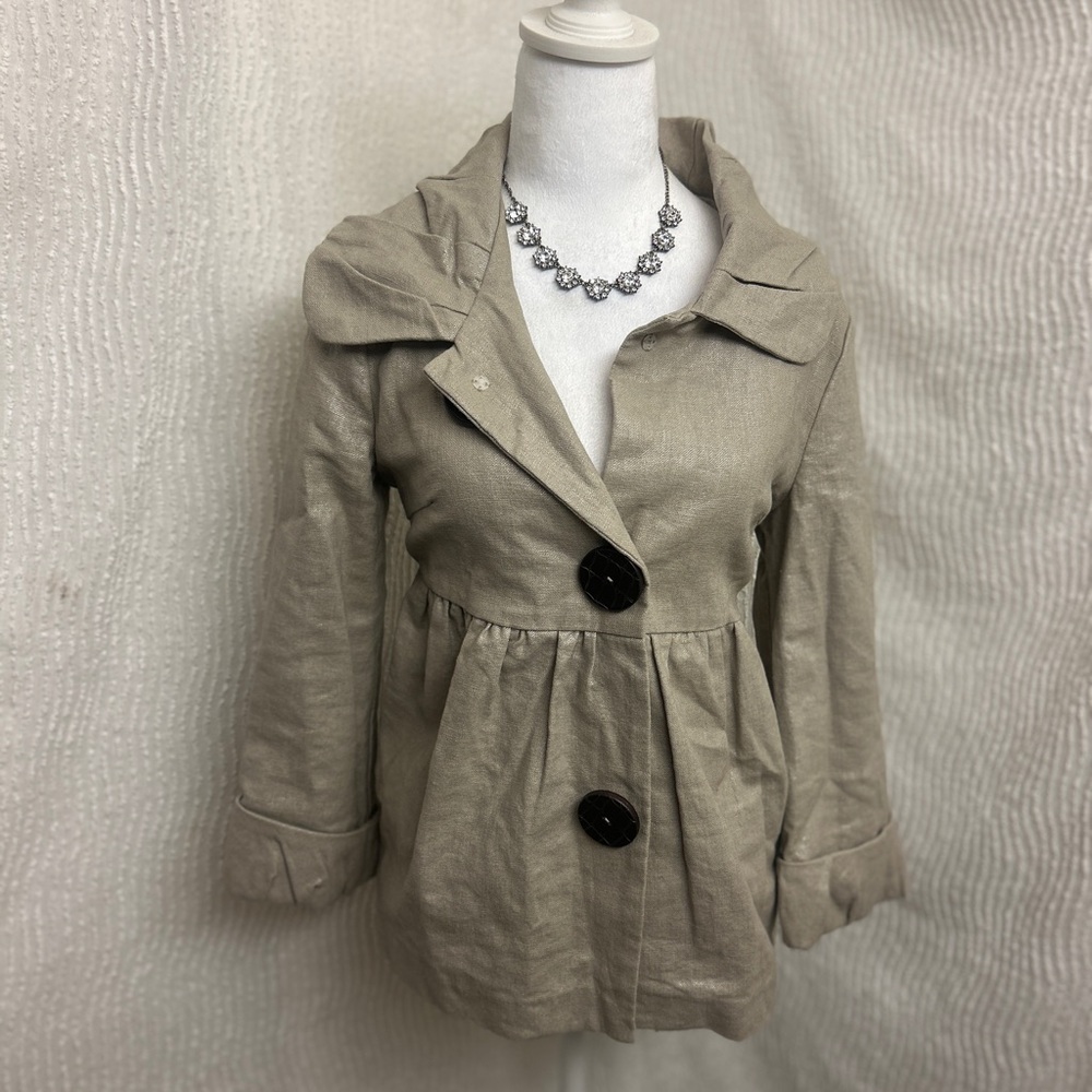 Sugarfly Beige Peacoat Medium Ruffle Y2K Linen Blend Shiny Cream Coat